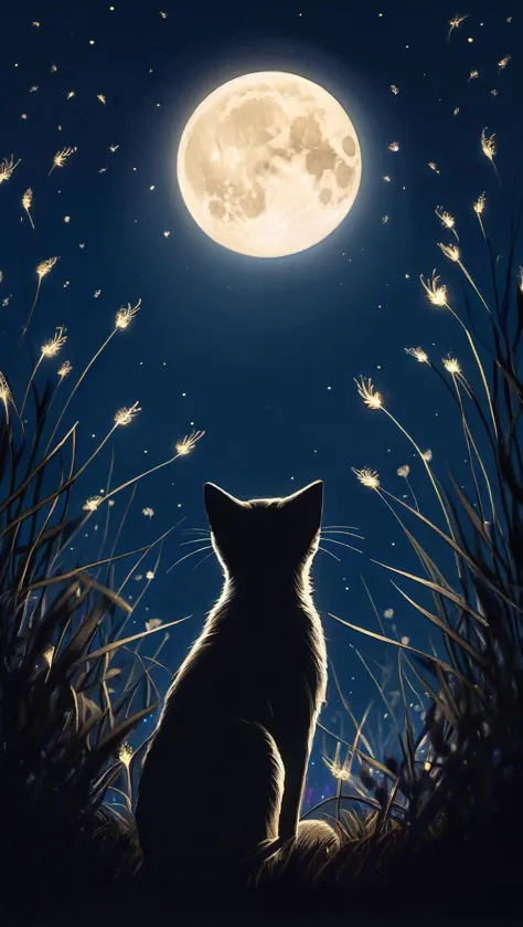 (best quality:1.2), a cat looking up at the moon, facing away, in a field surrounded by fireflies, lunar eclipse