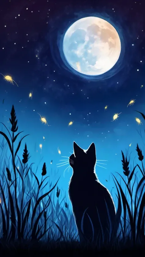 (best quality:1.2), a cat looking up at the moon, facing away, in a field surrounded by fireflies, lunar eclipse, impressionist art style
