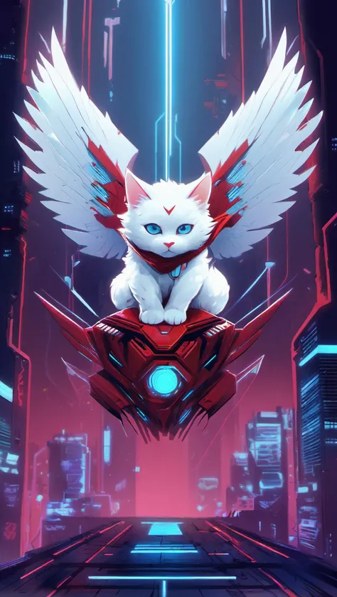 (best quality:1.2), a neonpunk fluffy white kitten with outstretched mechanical angel wings flying over a cyberpunk city, biomechanical fusion theme, digital art, wearing a flowing red scarf
