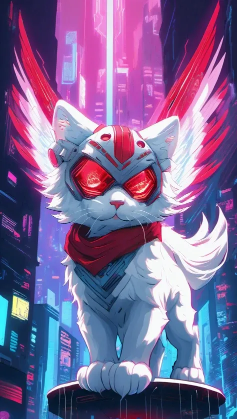(best quality:1.2), a neonpunk fluffy white kitten with outstretched mechanical angel wings flying over a cyberpunk city, biomechanical fusion theme, digital art, wearing a flowing red scarf