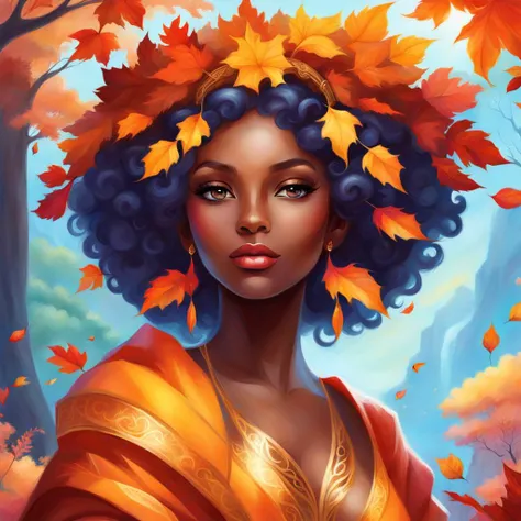 a portrait of black afrofuturist queen of autumn leaves, fantasy, sharp focus, intricate, elegant, digital painting, artstation, matte, highly detailed, concept art, illustration, ambient lighting, art by ilya kuvshinov, artgerm, alphonse mucha, and greg rutkowski henri rousseau, magnificent, celestial, ethereal, painterly, epic, majestic, magical, fantasy art, cover art, dreamy