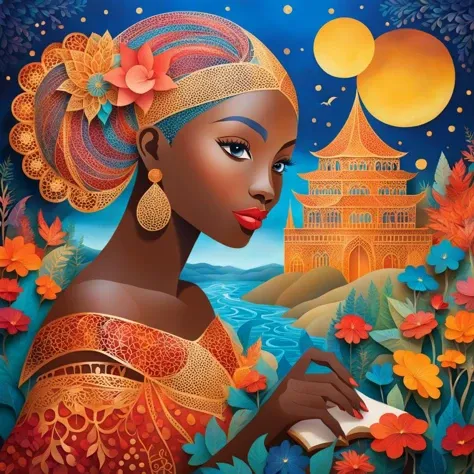 a mesmerizing and immersive papercut, paper art of an african queen reading a book, created in the style of yayoi kusama, showcasing her iconic use of polka dots, vibrant colors, and hypnotic patterns that envelop the griffin in a fantastical world of literature and infinite possibilities, magnificent, celestial, ethereal, painterly, epic, majestic, magical, fantasy art, cover art, dreamy, paper art, papercut,