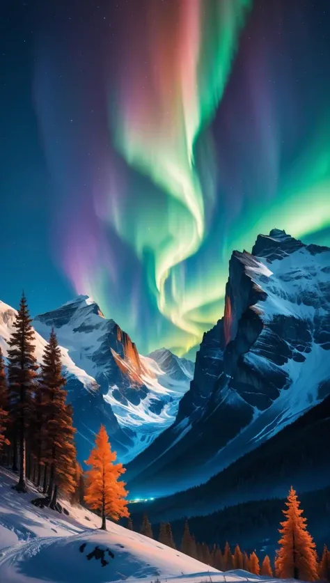 8k, northen lights, dark orange, ultramarine bleu, with big mountains infront and black trees in the front, realistic, jesus cross on the mountain in light, trending on artstation, sharp focus, studio photo, intricate details, highly detailed, by greg rutkowski<lora:xl_more_art-full_v1:0.5>