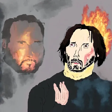 (Double exposure:1.3) MSPaint Portrait of Keanu Reeves, with a photorealistic confused keanu reeves in the background, son I am disappoint, smoke, fire, nebula, capturing the essence of futility with silent wonderment  <lora:SDXL_MSPaint_Portrait:2>  <lora:Double_Exposure:1>