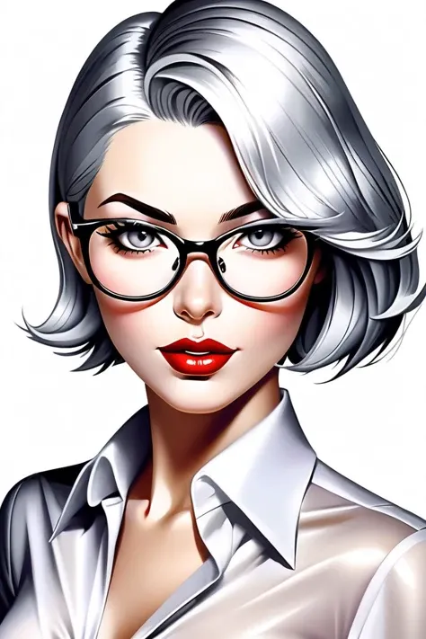 intricate lineart illustration of a gorgeous female with a stunning body wearing tight latex pencil skirt and revealing formal shirt, white hair, bob cut, small breasts, black rimmed glasses, teasing the viewer, flirting with camera, 8k, smooth, sharp focus,(by Artist Richard Avedon:2),(Mingei:2)