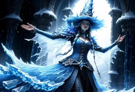 Frost witch, ornate long flowing witch robes (made of clear radiating blue ice:1.4), crowned witch pointy hat, (casting magic), fantasy art, intricate details, style Jean - Baptiste Monge, style Alan Lee, dramatic shot angle, atmospheric particles, back light, dynamic lighting, Real, raw cinematic photorealism, action portrait, 8k, detailed, centered, full frame, <lora:xl_more_art-full_v1:0.6>, <lora:add-detail-xl:1.5>