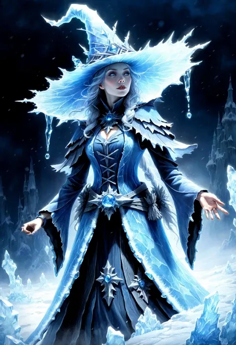 Frost witch, ornate long flowing witch robes (made of clear radiating blue ice:1.4), crowned witch pointy hat, (casting magic), fantasy art, intricate details, style Jean - Baptiste Monge, style Alan Lee, dramatic shot angle, atmospheric particles, back light, dynamic lighting, Real, raw cinematic photorealism, action portrait, 8k, detailed, centered, full frame, <lora:xl_more_art-full_v1:0.6>, <lora:add-detail-xl:1.5>