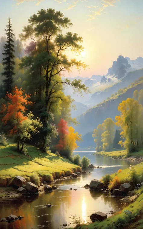The exquisitely crafted artwork showcases a breathtakingly detailed landscape created by artists Aleksey Savrasov, Willard Metcalf, and Abbott Fuller Graves. This visually stunning, high-quality image, which could be a painting or photograph, captures the viewer's attention with its ultra-detailed beauty. Every intricately depicted element in the scene, be it vibrant flora or serene bodies of water, evokes a sense of wonder and awe. The flawless composition and meticulous execution further emphasize the artistic mastery on display.<lora:xl_more_art-full_v1:0.5>