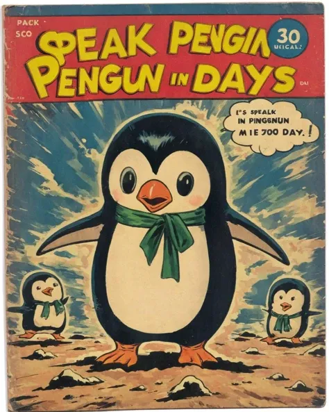 <lora:Wiz-VintageComicBookCover_v01:1> Vintage comic book cover of "Speak Fluent Penguin in 30 Days"