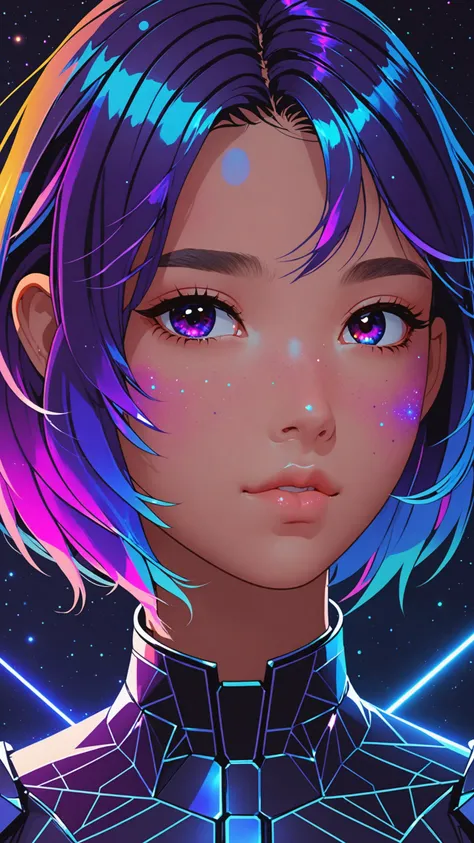 masterpiece, best quality, 1girl, gradient hair, very detailed skin, detailed skin pores, raytracing, dark background, low lighting, galaxy background, glitched face effect
