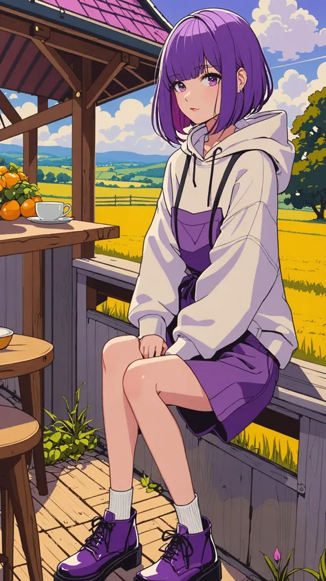 1girl, purple hair, very short hair, half updo hair, bangs, hooded sweatshirt waist apron loafers, decadent countryside daytime, close to viewer