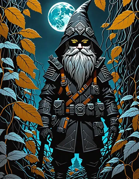 Positive prompt:
techwear fashion An evil gnome illuminated by the dim light of a full moon, The miniature menace stands amidst tangled vines and decaying leaves, cinematic scene. dimly lit eyes you with wild intensity, a blend of Slawomir Maniak's surrealism, Yoshitaka Amano's otherworldly style, highly detailed eyes, Philippe Druillet's fantastical landscapes, . futuristic, cyberpunk, urban, tactical, sleek, dark, highly detailed