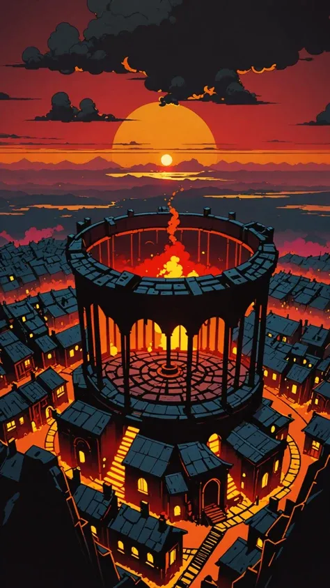 Darkest Dungeon style Aerial view of stratocumulus forming a circular portal in the horizon by Ismail Inceoglu and Studio Ghibli, portal to a world in fire, 8 k, anime art style, cover art, dramatic scene Octane Render made by Studio Ghibli, great detail of depth, exceptional lighting, sunset, triadic colors, ominous