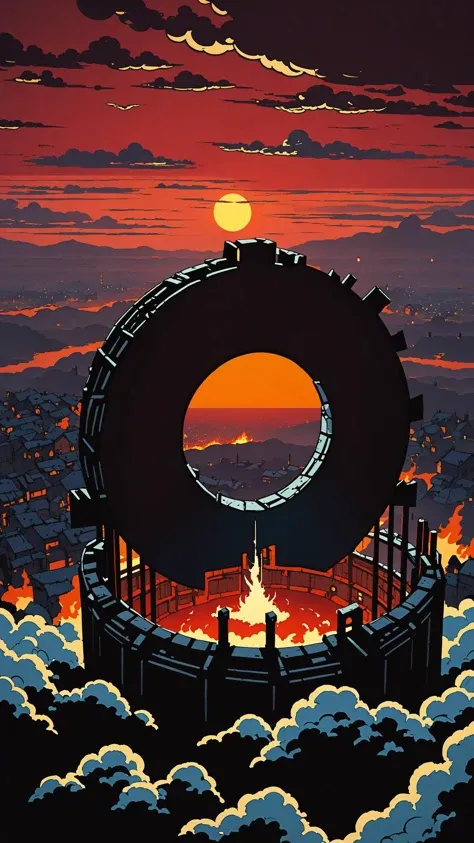Darkest Dungeon style Aerial view of stratocumulus forming a circular portal in the horizon by Ismail Inceoglu and Studio Ghibli, portal to a world in fire, 8 k, anime art style, cover art, dramatic scene Octane Render made by Studio Ghibli, great detail of depth, exceptional lighting, sunset, triadic colors, ominous