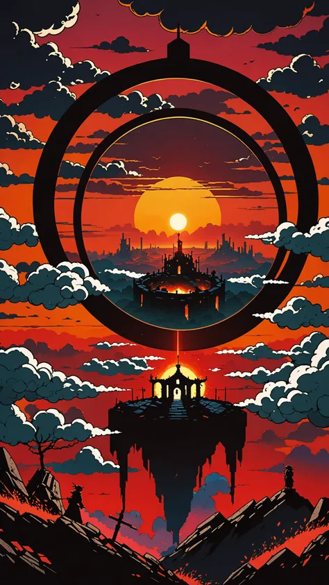 Darkest Dungeon style Aerial view of stratocumulus forming a circular portal in the horizon by Ismail Inceoglu and Studio Ghibli, portal to a world in fire, 8 k, anime art style, cover art, dramatic scene Octane Render made by Studio Ghibli, great detail of depth, exceptional lighting, sunset, triadic colors, ominous