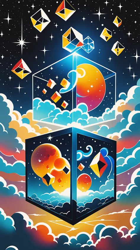 Bosch-style, a translucent cube traps eerie clouds, the stars scape warps, time distorts, surrealism reigns, stars, Glowing, sparkling