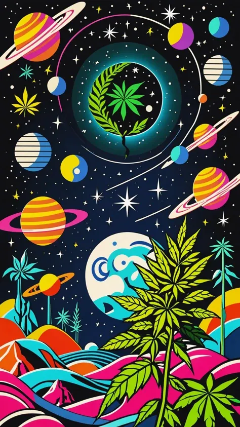 Papercut collage of   A cosmic exploration of the universe, with a cannabis plants everywhere, view of planets, nebula, moons, and cosmic phenomena, rendered in 8K resolution, v ray, Futuristic, cyberpunk, urba . Mixed media, textured paper, overlapping, asymmetrical, abstract, vibrant