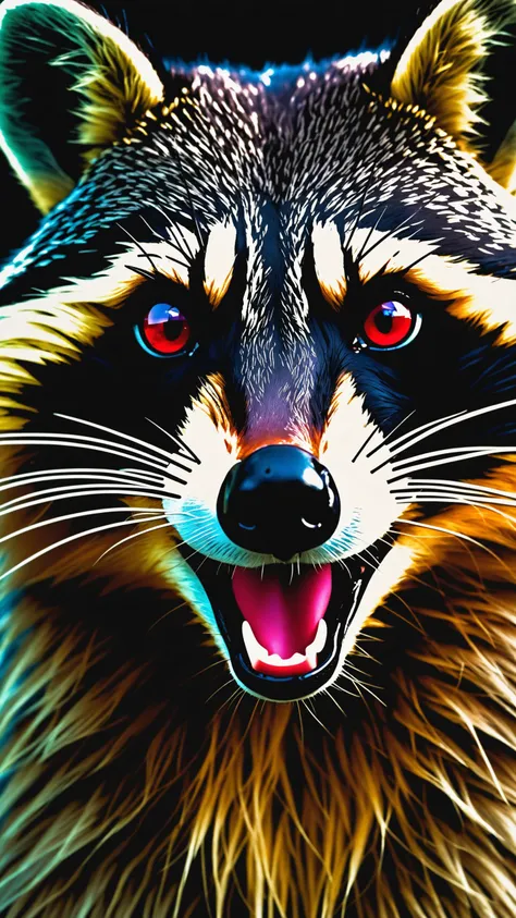 cinematic film still face portrait from an anthro male raccon, fangs, realistic fur,RAW candid cinema, 16mm, color graded portra 400 film, remarkable color, ultra realistic, textured skin, remarkable detailed pupil shot with cinematic camera, high quality photography, 3 point lighting, flash with softbox, 4k, Canon EOS R3, hdr, smooth, sharp focus, high resolution, award winning photo, 80mm, f2.8, bokeh . shallow depth of field, vignette, highly detailed, high budget, bokeh, cinemascope, moody, epic, gorgeous, film grain, grainy, high quality photography, 3 point lighting, flash with softbox, 4k, Canon EOS R3, hdr, smooth, sharp focus, high resolution, award winning photo, 80mm, f2.8, bokeh