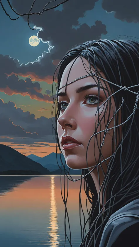 A realistic painting of a surreal depiction of a woman's face, appearing as a mask, suspended by strings against a twilight sky, The mask is overlooking a serene lake with reflections on the water, a small island with a structure, and layered hills in the distance, The moon is visible in the sky, casting a gentle light over the landscape, Close-up portrait of a woman, tense expression, stormy weather backdrop, dramatic lighting, reminiscent of Ansel Adams' work, color photo