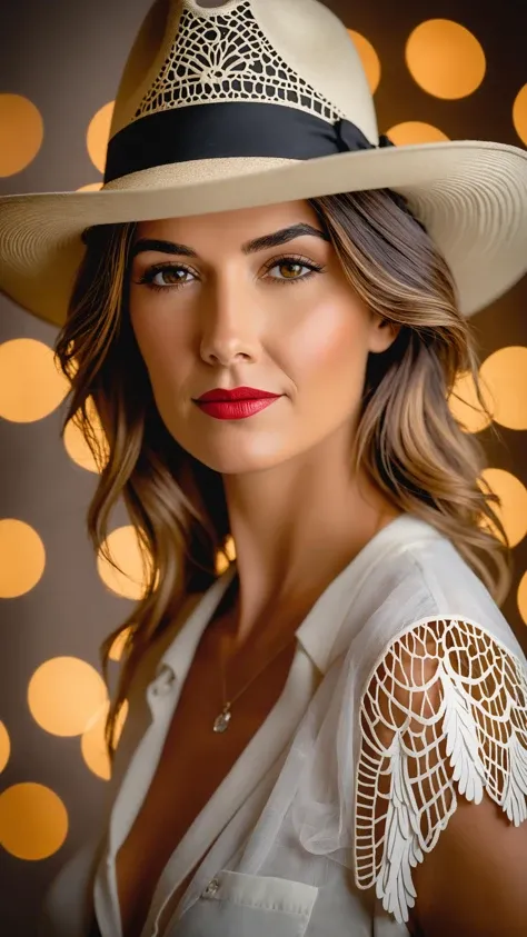 studio photograph, Slow Shutter Speed, bokeh, Nikon Z9, Shabby flyweight Italian Female Archangel, wearing Panama hat