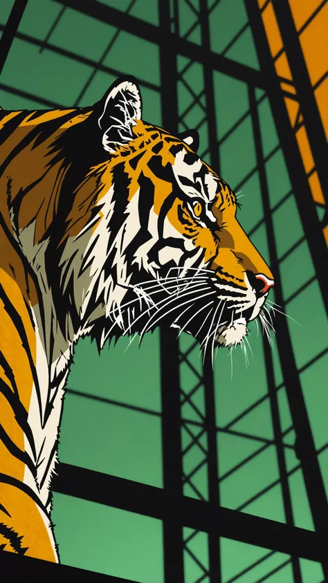 8k, Tiger, inside of a Telecommunications tower, Sharp and in focus, Movie still, Lustful, Hyperpunk, Dramatic spotlight, stylized by George Hillyard Swinstead, (Richard Eurich:1.1)