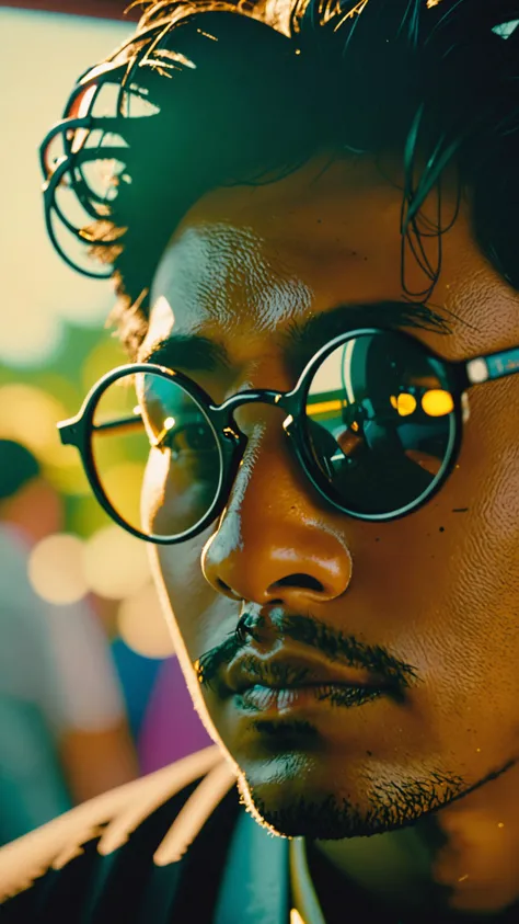 by Dave Stevens, Guillaume Sorel,close up of a Drab [Prakash:Nima:4] from the 2020's, Watching movies, Hypnotic Hmong Round Glasses, Bokeh, Sun Rays, Cinematic, Polaroid, 35mm, HDR