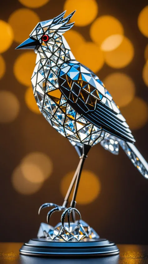a diamond armor bird, translucent, high quality photography, 3 point lighting, flash with softbox, 4k, Canon EOS R3, hdr, smooth, sharp focus, high resolution, award winning photo, 80mm, f2.8, bokeh