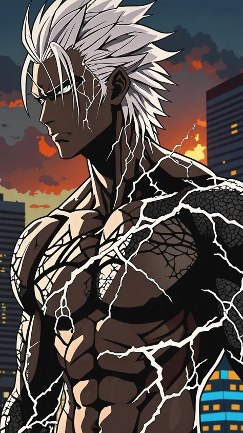 Generate an upper body portrait of an anime-style character that combines the features of a muscle man and an alligator. The character has white crocodile-like scales scattered across his skin, face, and body parts. Despite the crocodile's characteristics, make sure its humanoid aspects remain prominent. The character's design should reflect the distinctive characteristics of a crocodile, but maintain a balance with its human side. Add a large amount of white crocodile scales. He wears a black t-shirt.