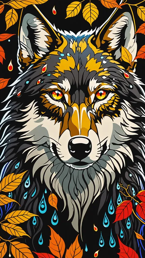 (close-up front view:1.8), dark gold theme, psychedelic, dark noir style, Greg Rutkowski, (((detailed portrait of a wolf in autumn forest))), red hair, symmetry eyes and iris, long black hair, in black liquid oil dress, huge liquid black oil splash and droplets, colorful, luminism, bioluminescence, studio lighting, hyper detailed, (masterpiece, best quality:1.4), ray tracing reflection, sharp focus, shallow depth of field detailed background, (ultra realistic:1.2), 16k resolution