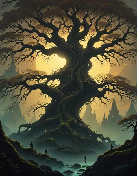 Positive prompt:
dreamscape Generate a breathtaking fantasy concept art featuring an ancient gnarled tree, its twisted branches embracing a celestial enchanted fairy castle, atmosphere should be eerie yet captivating, emphasizing the painterly styles of Andreas Rocha and H.P. Lovecraft for otherworldliness and mystery, Use high-quality textures to create realism in every element of the scene - from the corrupted tree to its dark surroundings â making it perfect as cover art or simply an epic piece of fantasy art, background, . surreal, ethereal, dreamy, mysterious, fantasy, highly detailed