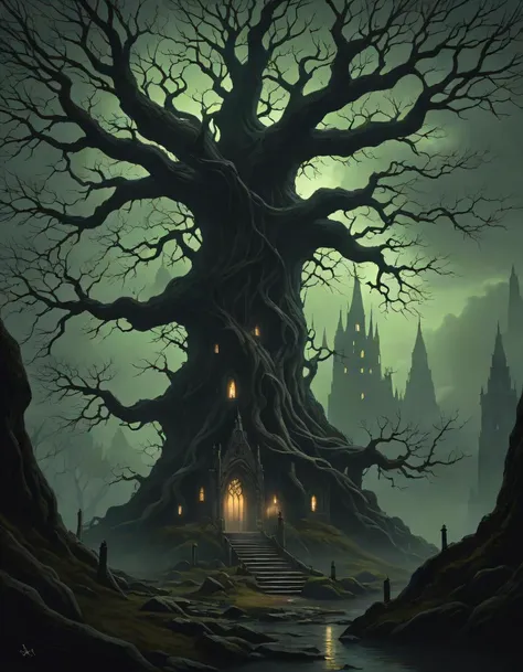 Positive prompt:
macabre style Positive prompt:
Generate a breathtakingly ethereal fantasy concept art featuring the depths of an ancient gnarled tree, with its twisted branches reaching out to embrace a magnificent celestial enchanted fairy castle nestled amongst them, dim eerie light cast by the castle should illuminate both the corrupted tree and its dark surroundings, creating an ominous yet captivating atmosphere. Emphasize the painterly style of Andreas Rocha and H.P. Lovecraft to infuse this artwork with a sense of otherworldliness and mystery. Ensure that every element in this masterpiece is rendered with ultra-realistic high quality and highly detailed textures for maximum realism, making it perfect as cover art or simply an epic piece of fantasy art. . dark, gothic, grim, haunting, highly detailed