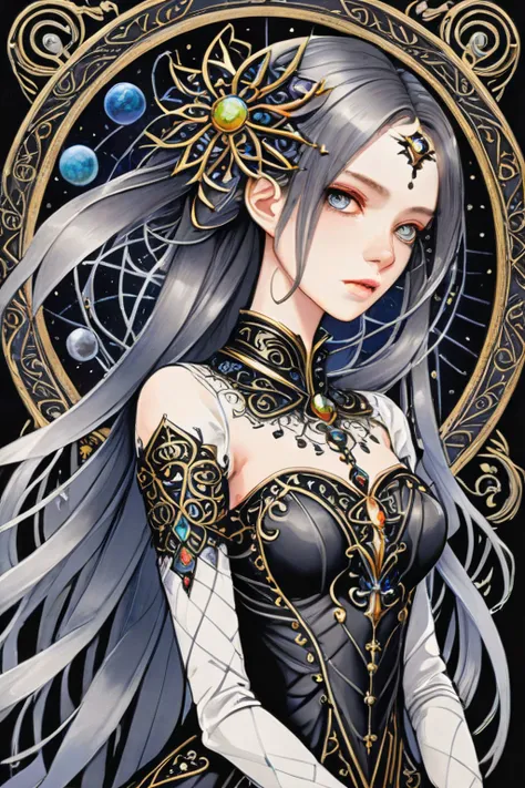 beadwork, Ornate and Intricate, decorative, highly detailed, elaborate, ornate, intricate,, Gothic style, Dark, mysterious, haunting, dramatic, ornate, detailed,, Watercolor color guide, Neo-Figurative Art,, dramatic angle, highly detailed, Gradient color guide, created, futuristic, 1 pretty girl, slender eyes, gravitational resistance, character stands against an invisible force, leaning into the wind created by gravitational resistance, detailed eyes, 