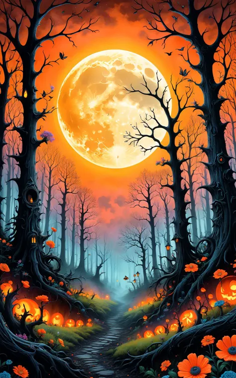 High gothic tim Burton style creepy scary forest trees embers flowers ultra-detailed ultra-colorful background ultra-colorful sky bright full orange moon intricate motifs perfect composition masterpiece insanely-detailed ultra-detailed extreme-detailed hyper-detailed beautiful<lora:xl_more_art-full_v1:0.5>