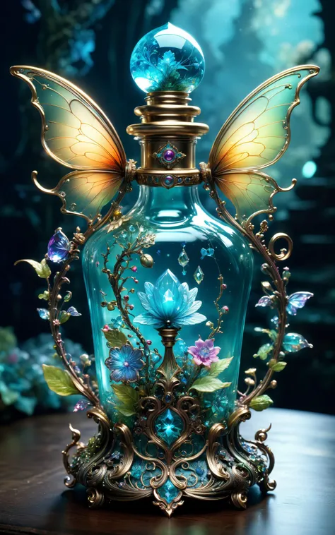 Intricate gorgeous detailed bioluminescent magical and dreamy fairy perfume bottle, breathtaking borderland fantasycore artwork by Android Jones, Jean Baptiste monge, Alberto Seveso, Erin Hanson, Jeremy Mann. maximalist highly detailed and intricate professional_photography, a masterpiece, 8k resolution concept art, Artstation, triadic colors, Unreal Engine 5, cgsociety<lora:xl_more_art-full_v1:0.5>