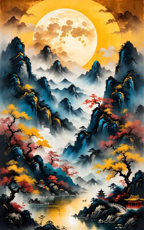A Chinese style painting of a mountain with a moon in the sky, intricate and ornate Chinese ink style, impasto style, beautiful and expressive painting, acid influence, fantastic view, clear quality, complex background, medium: old film grain, tetradic colors, golden hour, rust style, vantablack aura, golden ratio, rule of thirds, cinematic lighting Dark and magical realism. Complementary poisonous colors with deep zoom Memphis style, abstract bokeh background with deep zoom<lora:xl_more_art-full_v1:0.5>