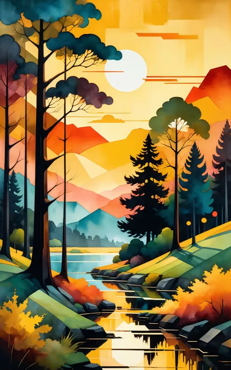 Cubist inspiration, A landscape represented with planes and flat colors. The landscape could show a field, forest or city, and flat planes and colors could be used to create a sense of depth and perspective, surrealism, aesthetic, bold gorgeous colours, high definition, super clear resolution, iridescent watercolor ink, acid influence, fantastic view, crisp quality, complex background, medium: old film grain, tetradic colors, golden hour, rust style, vantablack aura, golden ratio, rule of thirds, cinematic lighting Dark realism and magical. Complementary poisonous colors with deep zoom Memphis style abstract bokeh background with deep zoom<lora:xl_more_art-full_v1:0.5>