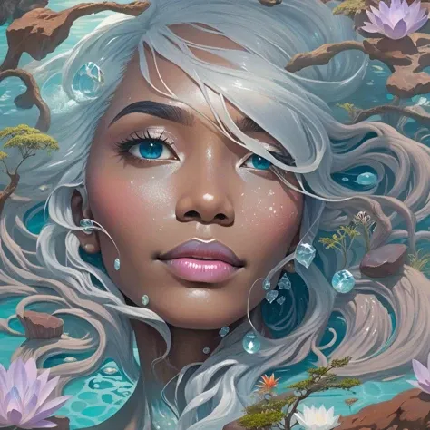 tall woman of color with white hair bathing , in a natural pool, fantasy environment, 