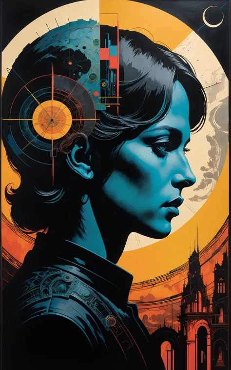 Contemporary poster art featuring a profile captured in a detailed lithograph with fine coal texture, tar and vinyl color palette, set against a Chiaroscuro environment with layered depth composition, etched outlines within a chromatic Renaissance setting, continent fictional astrology elements in a Chiaroscuro daydream shelter, circuitry tone resembling emphatic expanded horror themes, utilizing both palette knife and brush strokes, matte finish, realized in cinematic abstractions, 8K resolution, 36.5 mm f<lora:xl_more_art-full_v1:0.5>