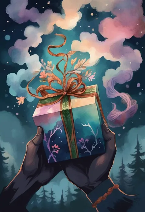 a man opens a Christmas gift, floral features and clouds, in the sky, atmosphere, ((dark pastel colour palette)), soft gradients, ((watercolor painting)), (brush strokes), (bohemian), darker background, twisted vines and bark textures
