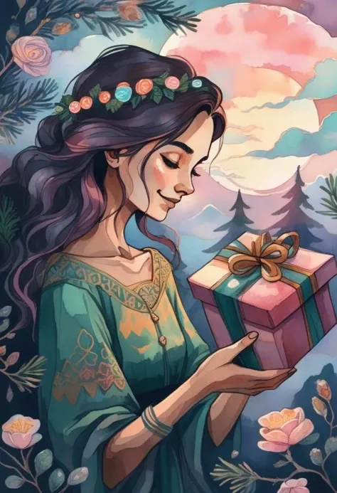 a woman joyfully opens a Christmas gift, floral features and clouds, in the sky, atmosphere, ((dark pastel colour palette)), soft gradients, ((watercolor painting)), (brush strokes), (bohemian), darker background, twisted vines and bark textures
