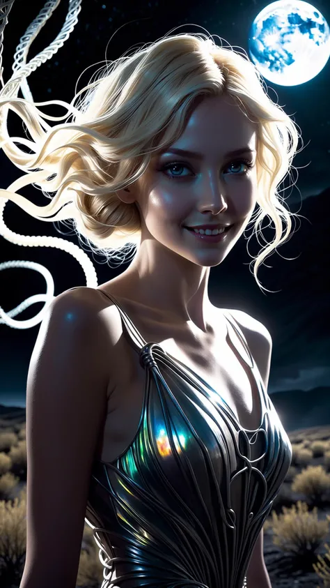instagram photo, front shot, closeup portrait photo of 24 years old woman, wearing dress, beautiful face, smile, blonde, cinematic shot, dark shot, In a desolate, moonlit landscape, a lone figure emerges, their silhouette contorted and grotesque against the eerie glow, Closer inspection reveals a fusion of organic and mechanical elementsâÂÂsinister tendrils of pulsating flesh intertwining with cold, metallic structures, The figure's skin appears as if it's unraveling, revealing glimpses of something otherworldly beneath, The air is thick with an otherworldly hum, and a sickly, iridescent light emanates from the aberrant fusion, This image prompt invites exploration into the realm of body horror, prompting creative minds to unravel the unsettling narrative within this grotesque tableau
