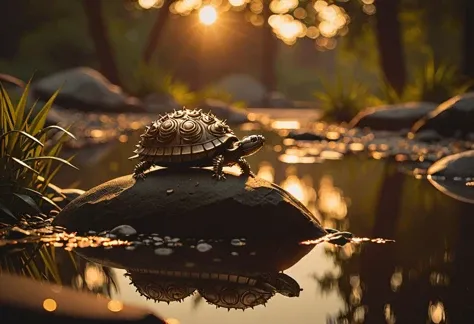 cinematic film still A sleek ral-spikes box turtle perches gracefully on a smooth river rock in the middle of a small stream, its webbed robot feet dangling just above the tranquil waters, The serene scene is bathed in warm hues as the sun sets in the distance, casting an ethereal glow over everything, evocative image exudes a sense of peacefulness and wonder, inviting viewers to lose themselves in its dreamy atmosphere, . shallow depth of field, vignette, highly detailed, high budget, bokeh, cinemascope, moody, epic, gorgeous, film grain, grainy, <lora:ral-spikes:1.2>,