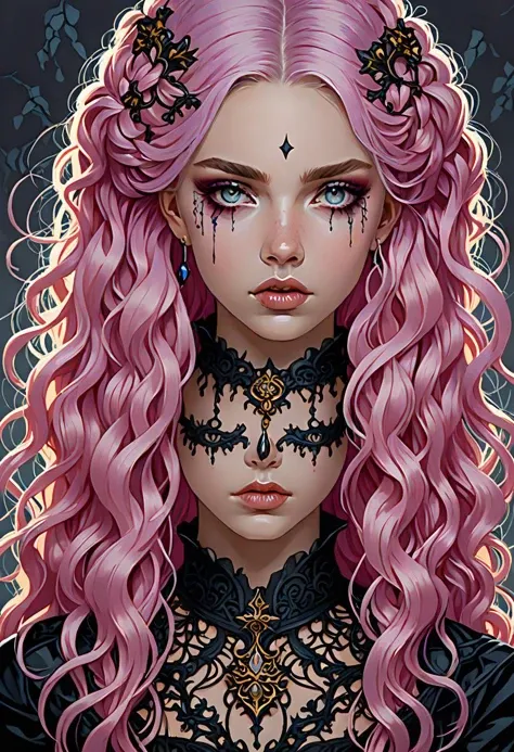 gothic style The haunting beauty of this portrait of a young woman stares out at the viewer with captivating intensity. Her delicate features are framed by a tangle of intricately braided pink hair, which draws the eye towards her mesmerizing gaze. Wearing all black, she seems to melt into the shadows that surround her, creating an ethereal atmosphere that's both mesmerizing and unsettling. Despite the darkness of her surroundings, there's a certain luminosity about her - almost as if she were lit from within. Subtle yet vibrant colors add depth and dimension to the piece, further enhancing its otherworldly feel. Every aspect of this portrait - from the meticulous attention to detail on her clothing and accessories to the dramatic lighting effects - speaks volumes about her unique personality and style preferences. This portrait perfectly captures the essence of modern goth culture, showcasing its blend of elegance, mystery, and macabre sensibilities. It's a true masterpiece that will leave a lasting impression on anyone who sees it. . dark, mysterious, haunting, dramatic, ornate, detailed
