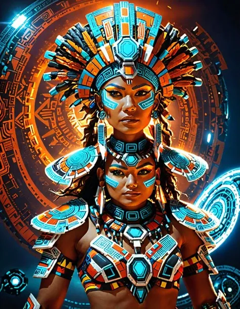 sci-fi style tribal style, extremely beautiful Aztec woman, rembrandt lighting, futuristic scifi style, cowboy shot, against a dark background, alien world in the background, indigenous, ethnic, traditional patterns, bold, natural colors, highly detailed, . futuristic, technological, alien worlds, space themes, advanced civilizations