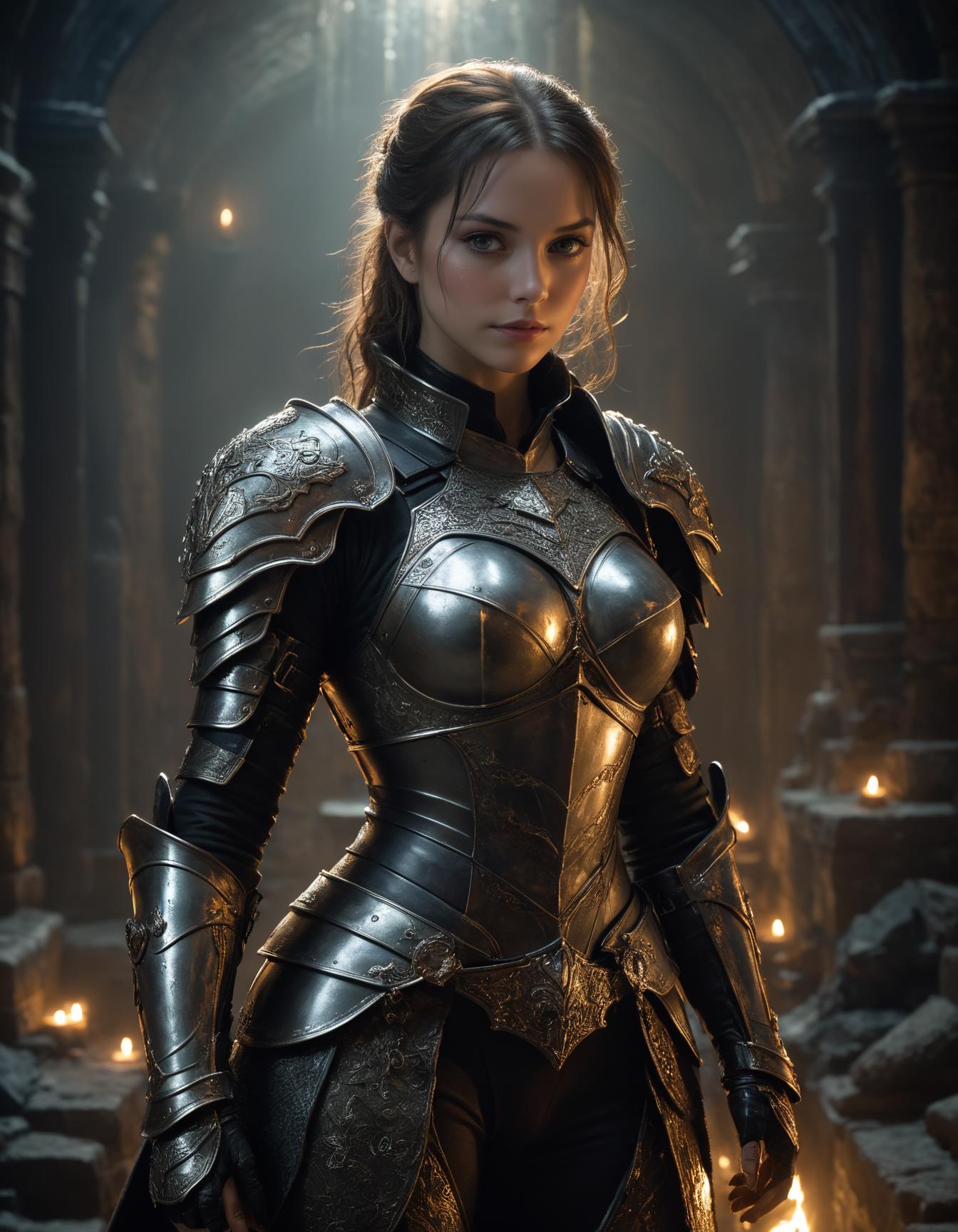 A woman in armor standing in a dark room with candles - SeaArt AI