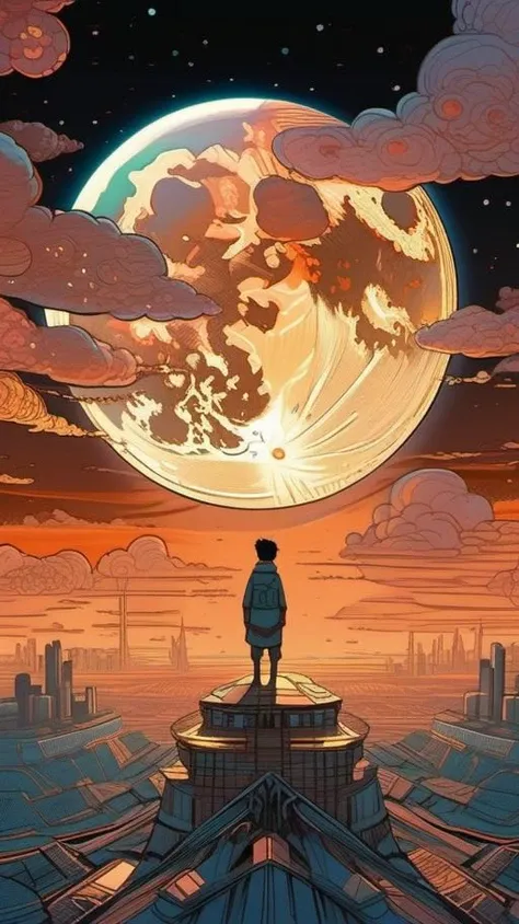 anime artwork copper super moon floating on cosmic cloudscape at sunset, futurism, dan mumford, victo ngai, kilian eng, da vinci, josan gonzalez . anime style, key visual, vibrant, studio anime, highly detailed