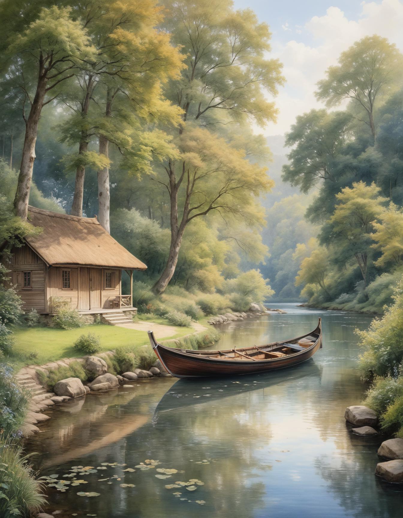 Painting of a boat in a river with a cabin in the background - SeaArt AI