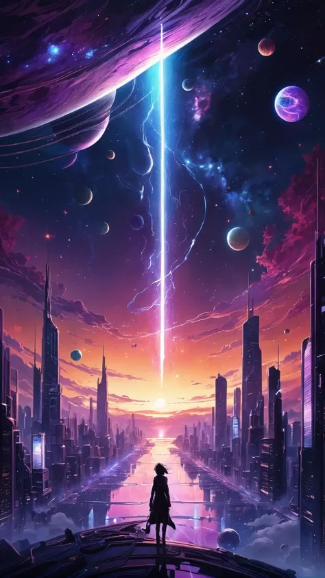 in top of city a beautiful sunset with stars and planets in the sky, concept art, inspired by Cyril Rolando, fractal thunder dan mumford, water everwhere fantasy, ultra hd anime wallpaper, very beautiful photo, purplish space in background, by Agnes Cecile, by AndrÃ Masson, fine art, cinematic lighting, 8k concept art, trending on artstation, deep color, ink drawing, In Futuristic Ultra Detailed, fear Background, Highly Detailed Galaxy, Scale Like Skin, Daz 3d, Unity, Unreal Engine 5, Uhd Resolution, Sharp Focus, 8k, 12MP