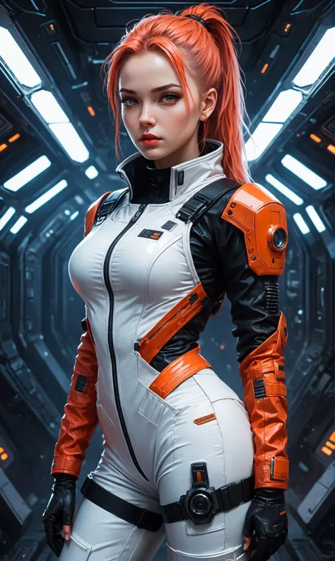 4K, UHD, cyberpunk female ride, futuristic technology bike, hips, small breasts, expression cold storage, delicate facial features, long white and red and blue hair, with red and white helmet, background futuristic city, night