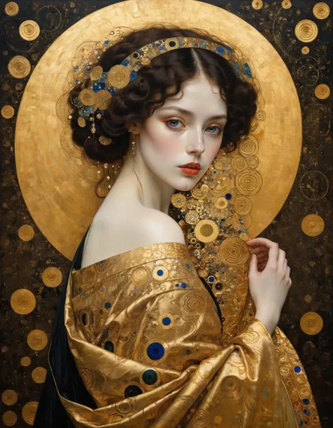 by Gustav Klimt,  (masterful and beautiful:1.4), poster art, bold lines, hyper detailed, expressive,  award winning, (intricate details, masterpiece, best quality:1.4),
looking at viewer, dynamic pose,
<lora:add-detail-xl:1> <lora:xl_more_art-full_v1:0.5>  <lora:NicolaSamori:0.5> in the style of nicola samori <lora:looking_at_viewer:2>